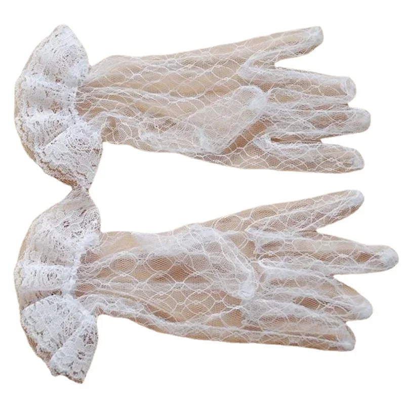 Guantes de boda para novia, manopla de rejilla de verano a prueba de rayos UV, transparente, de gasa de encaje, diseño corto blanco, 2025