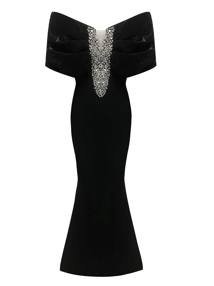 

Сексуальное длинное бандажное платье с открытыми плечами и бриллиантами, женское черное облегающее платье с короткими рукавами и кристаллами, вечерние коктейльные платья
