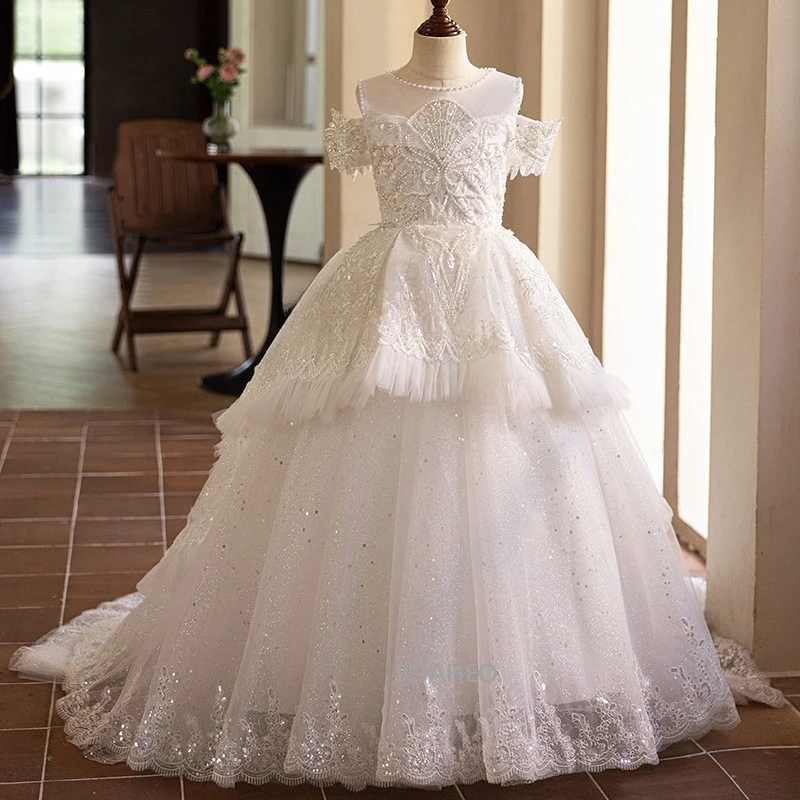 Girls White Princess Birthday Party Dress Pageant Gown for Flower Party Children Outfit Formal Evening Girl Wedding Performance