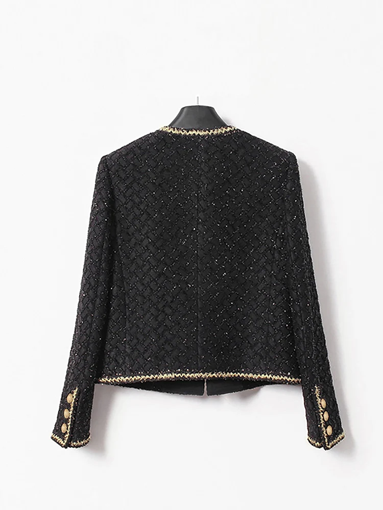 Women Black Tweed Jacket Gold Trim Gold Buttons O-Neck Elegant Short Blazer Coat 25106