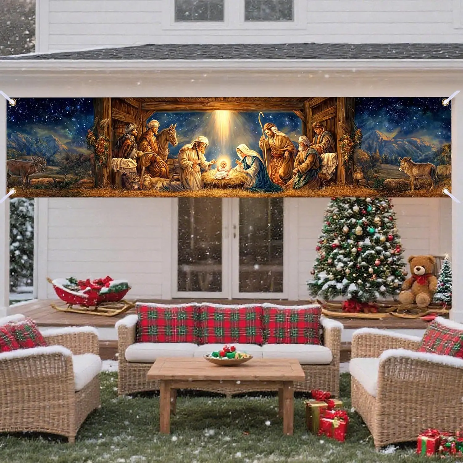 لافتة عيد ميلاد سعيد كبيرة، عائلة مقدسة وملائكة - لافتة داخلية وخارجية للفناء والحديقة والحديقة - حظر زينة حفلات العطلات #2