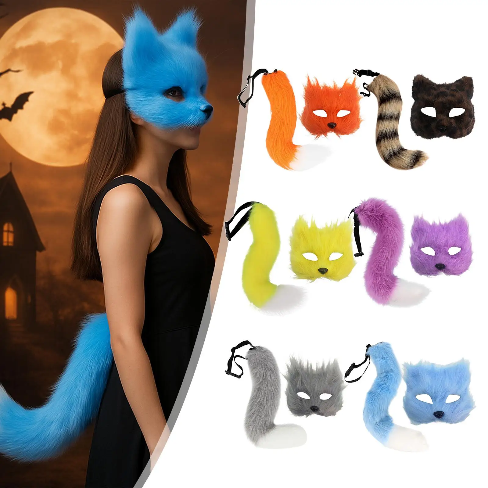 Maska i ogon z futra, śmieszne rekwizyty fotograficzne, maska na Halloween na imprezy i występy sceniczne.