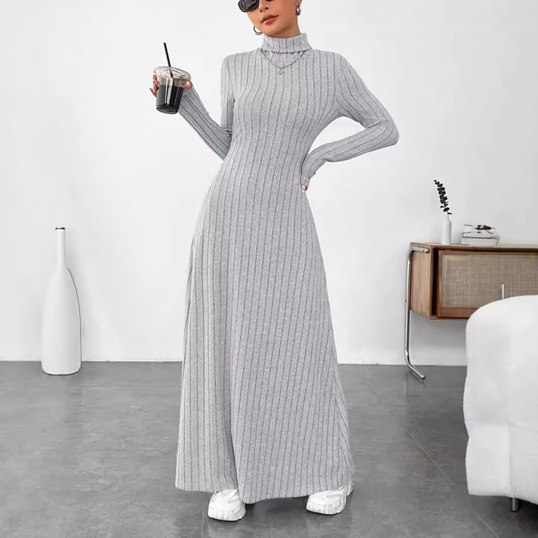 Fashion slim a-line Maxi Dress for Women autumn winter Solid turtleneck collar Bodycon Dress long sleeve elastic Knitted Dresses