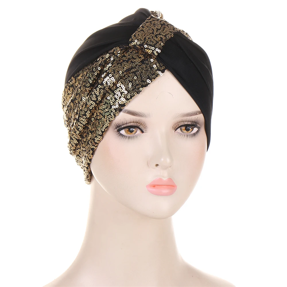 Fashion Glitter Sequins Muslim Women Inner Hat Hijab Turban Chemo Cap Strech Bonnet Hair Loss Islamic Underscarf Indain Headwrap