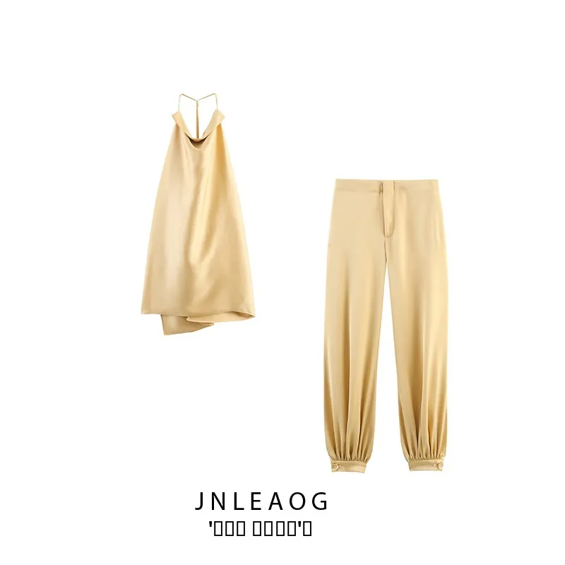 Top da donna Faionable Satin Feel con colletto Ne appeso e pantaloni gonfi Autunno New Sle Set in due pezzi in fibra di poliestere