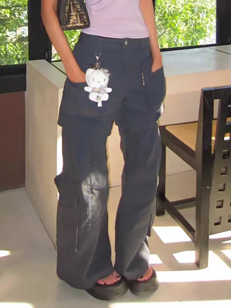 PBAP, pantalones vaqueros holgados con múltiples bolsillos empalmados para mujer, pantalones vaqueros lisos de tiro alto de verano, pantalones Cargo rectos anchos falsos, ropa Retro Grayu