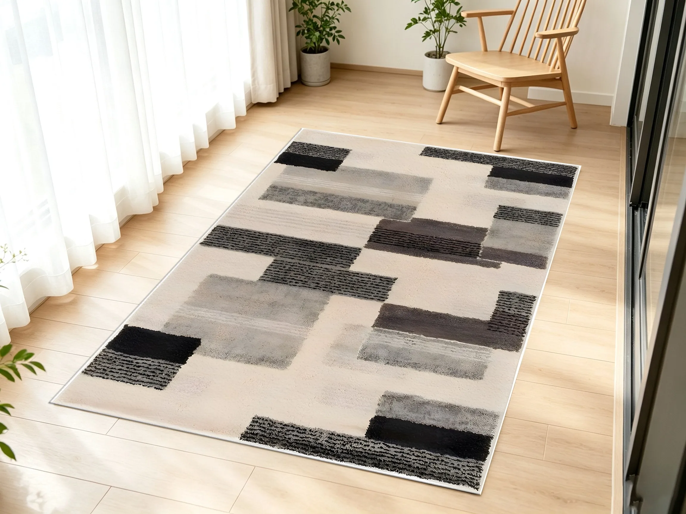 A Modern Minimalist Velvet Rug Featuring Gray Geometric Color Blocks, Suitable for Housewarmings and New Year Celebrations Perfect for Living Rooms, Bedrooms, and Coffee Table Areas, It Creates a Sophisticated, Serene, and Comfortable Atmosphere.