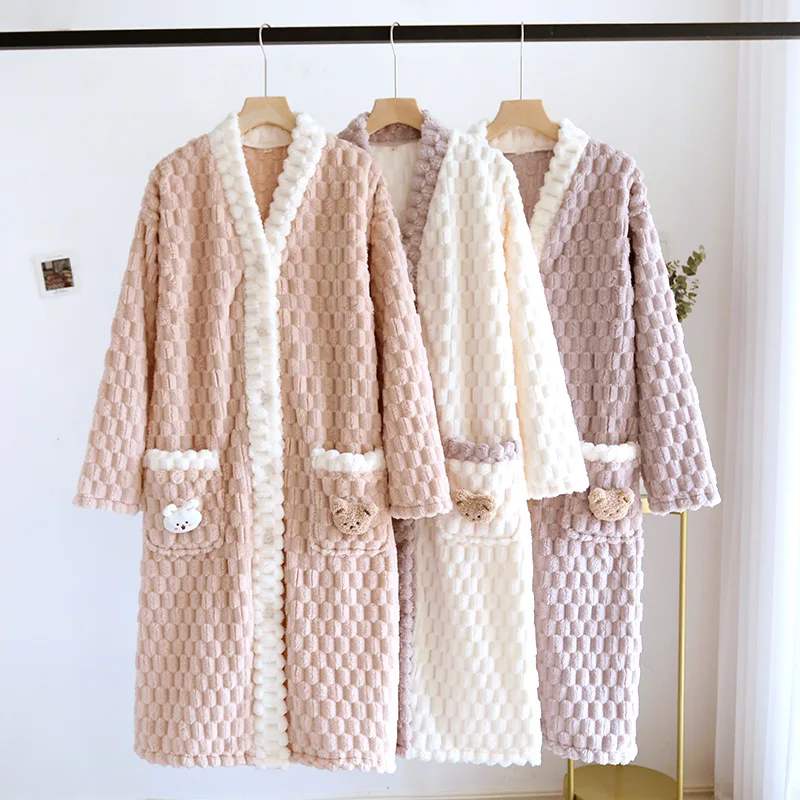 Korea Style Women Bathrobe Single Breasted Coral Velvet Ladies Winter Sleeping Dress Long Sleeve Warm Bath Robe for Female