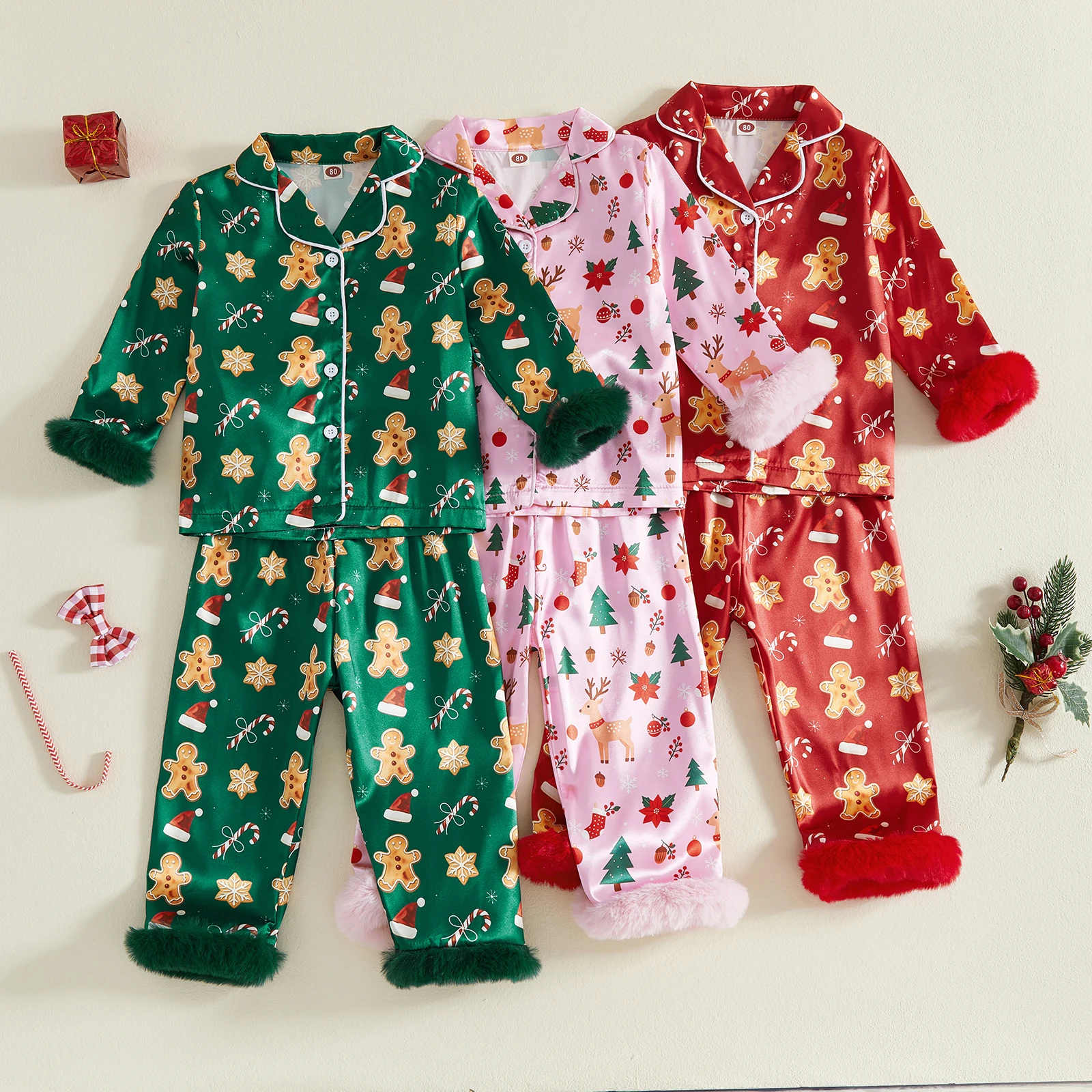 Toddler Satin Kids Girls Christmas Pajamas Gingerbread Man/Deer Print Tops & Pants