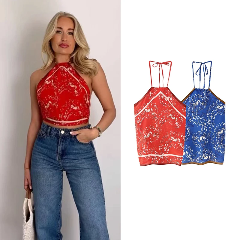 TFMLN New Summer Women Print Bow Sling Top 2024 Fashion Hollow Out senza maniche Backless Slim Halter Crop Top corto femminile