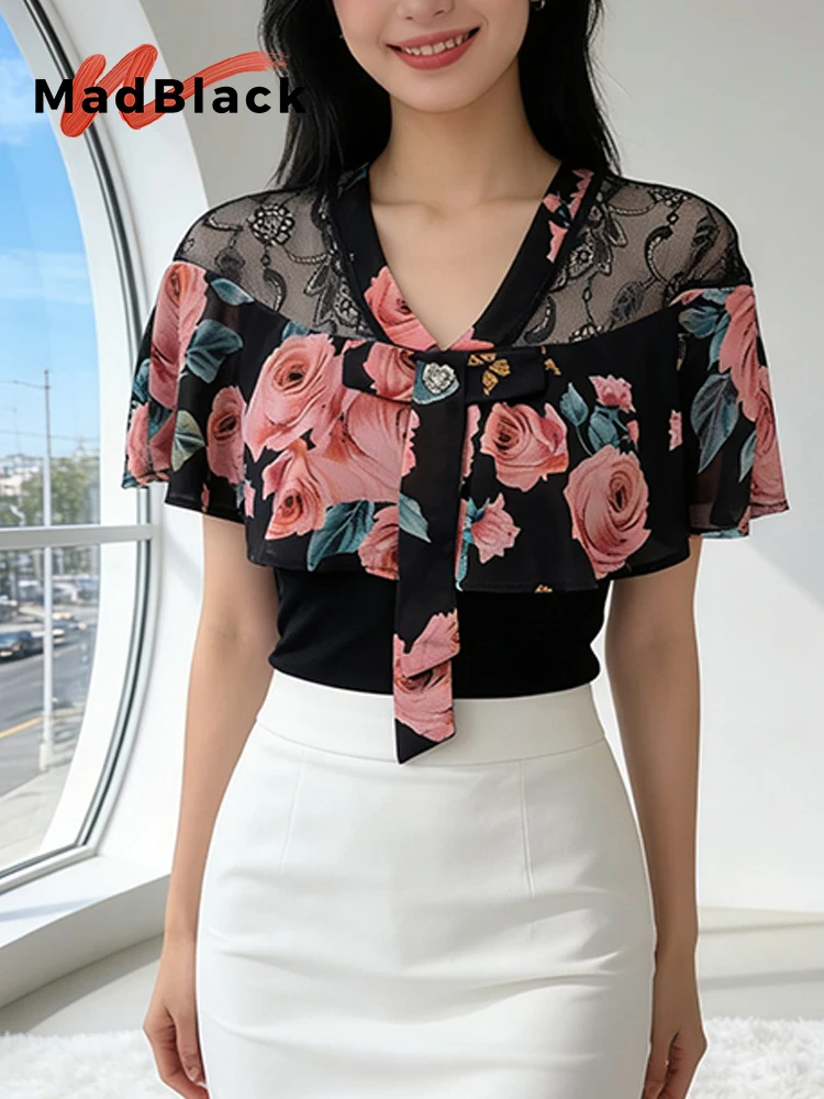 MadBlack-Women European T-Shirt, Sexy V Neck Floral Print, Clubwear Short Sleeve Slim Lace M-3XL Tee, 2026 Summer New T64536CC