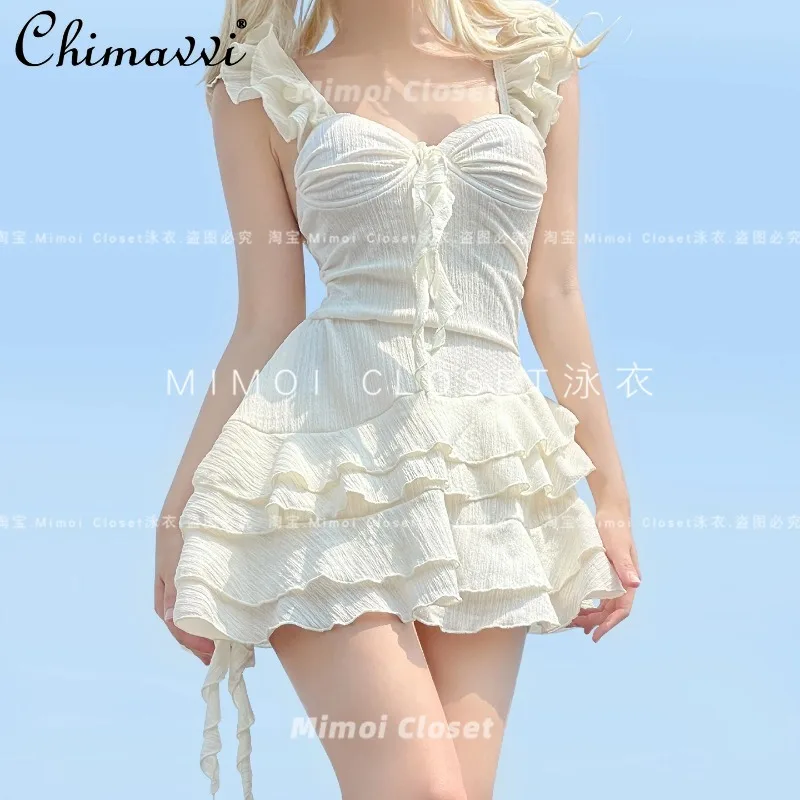 2025 Summer New Cherry Blossom Pink Sexy Pure Desire Girl Skirt Swimsuit Sweet Cute Slim Fit Elegant One-Piece Slimming Swimwear