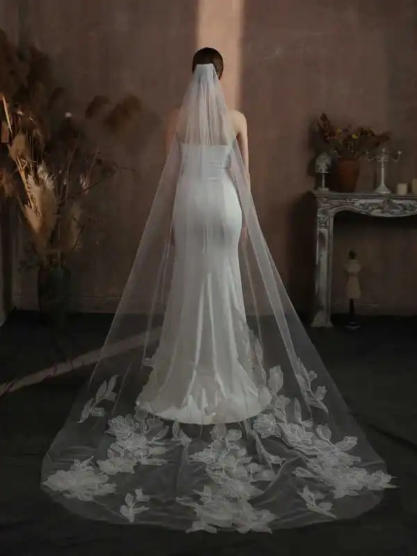 طرحة زفاف ساحرة مزينة بالدانتيل طبقة واحدة طول الكنيسة حجاب العروس مع مشط عالي الجودة مخصص فيلو دي نوفيا #3