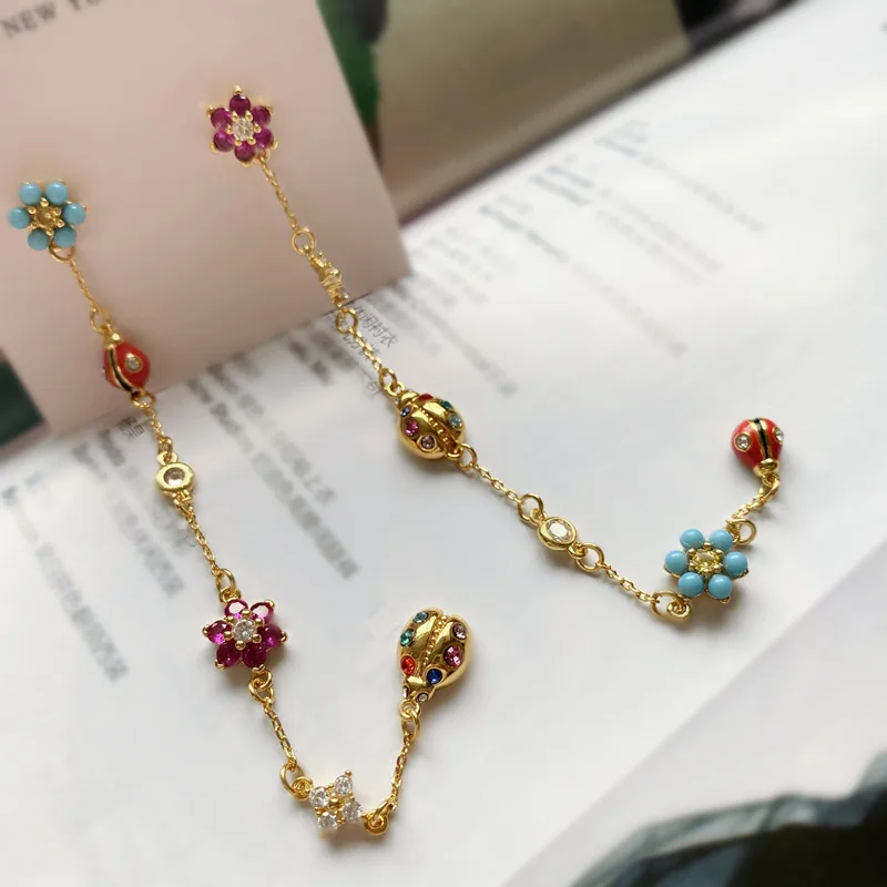 

Fashion Jewelry New Nature Walk Ladybug Long Asymmetrical Flower Earrings for Women