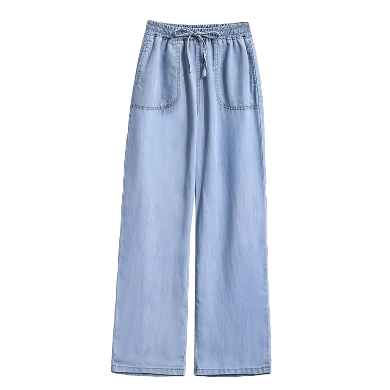 2024 New Arrival Summer High Waist Women Jeans Thin Cotton Denim Ankle-length Pants Elastic Waist Softener Wide Leg Pants V891