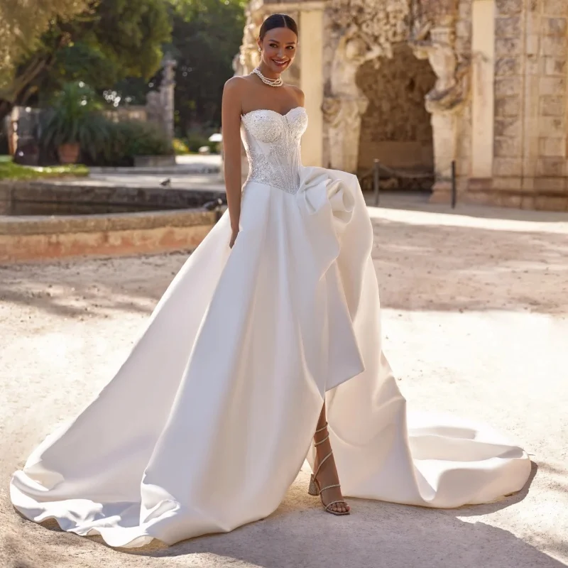 Satin White Wedding Dresses off-shoulder A skirt glitter decal vent Long tail Bridal Gowns Made Customized
