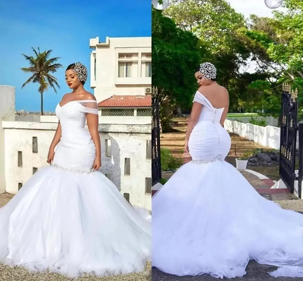 

Plus Size Mermaid Wedding Dresses African One Shoulder Ruched Beaded Sexy Open Back With Button Sweep Train Bridal Gowns