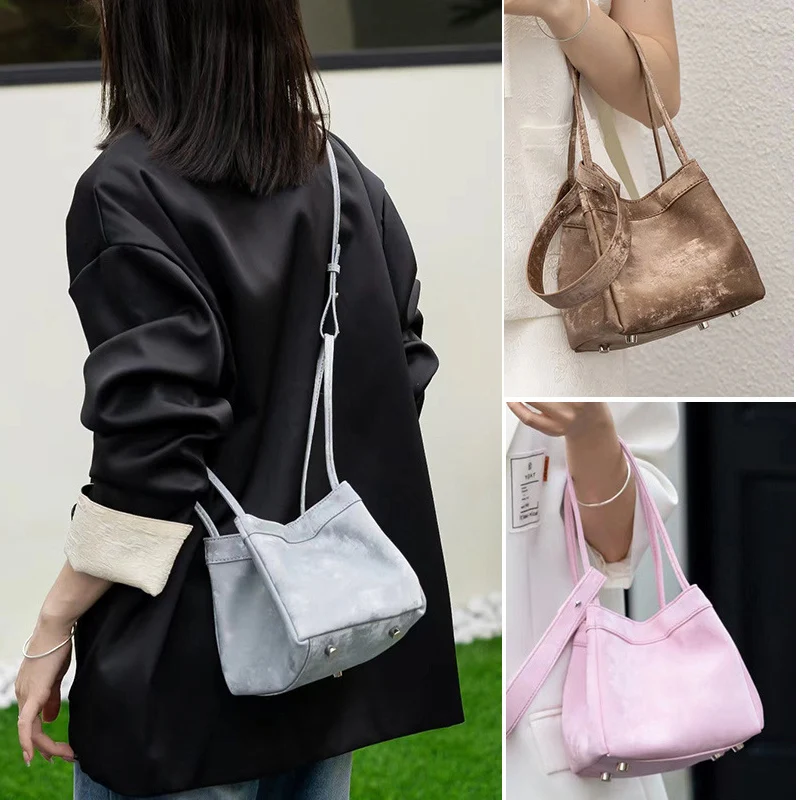 Women Bucket Bag Lady Mini Wing Tote Handbag 2024 New Chinese Style Split Leather Crossbody Messenger Dumpling Shoulder Bag