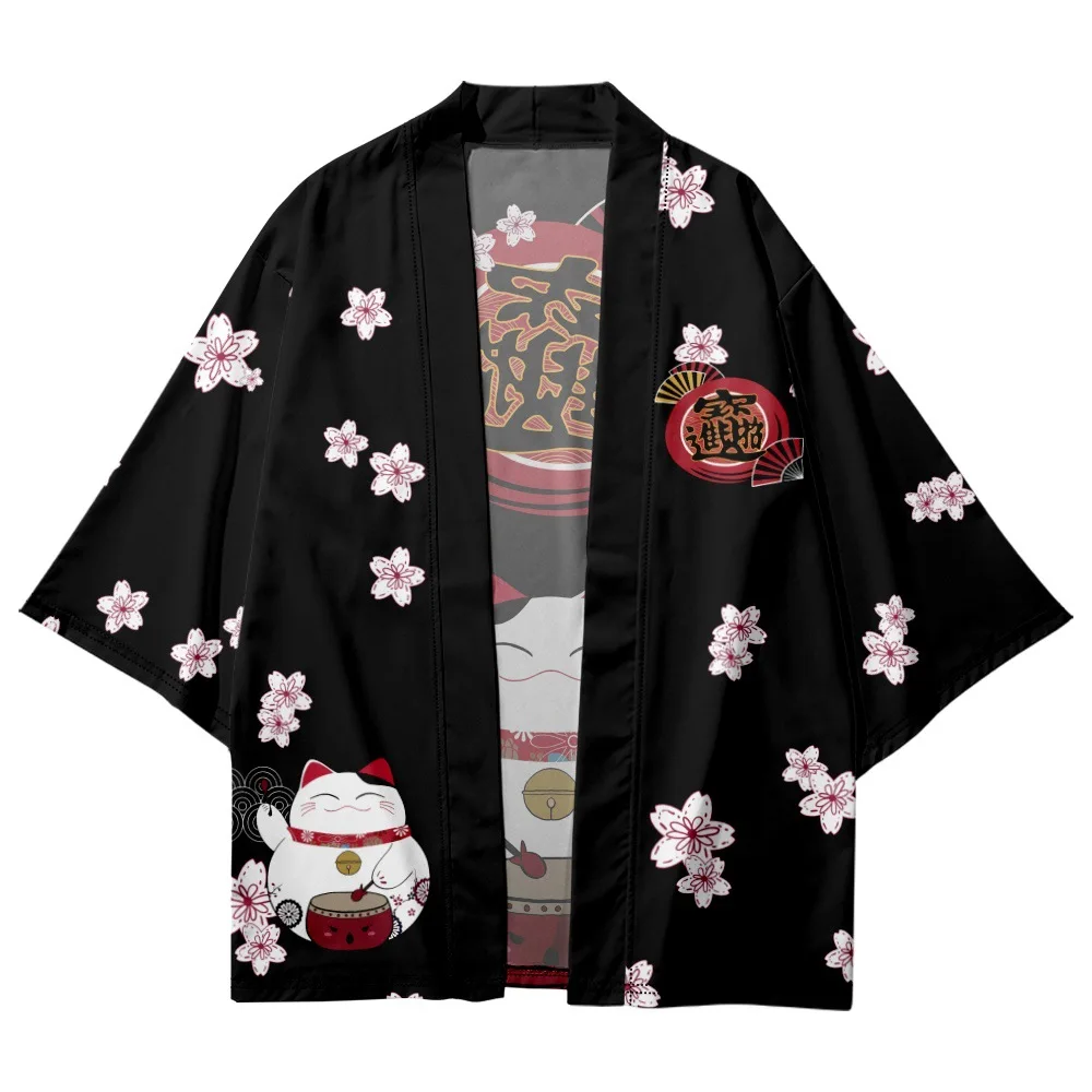 Fashion Beach Yukata Japanese Cartoon Lucky Cat Cardigan Kimono 2023 Women Men Harajuku Sakura Fan Print Haori Cosplay Shirts