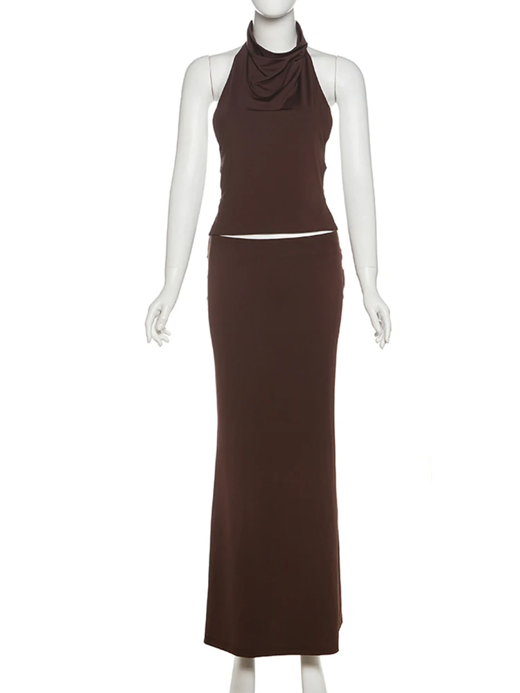 Kliou Solid Simple ผู้หญิงจับคู่ 2 ชิ้นชุด Halter Backless Tanks + เอวสูง Skinny Maxi กระโปรง Mujer ฤดูร้อนคลาสสิกชุด