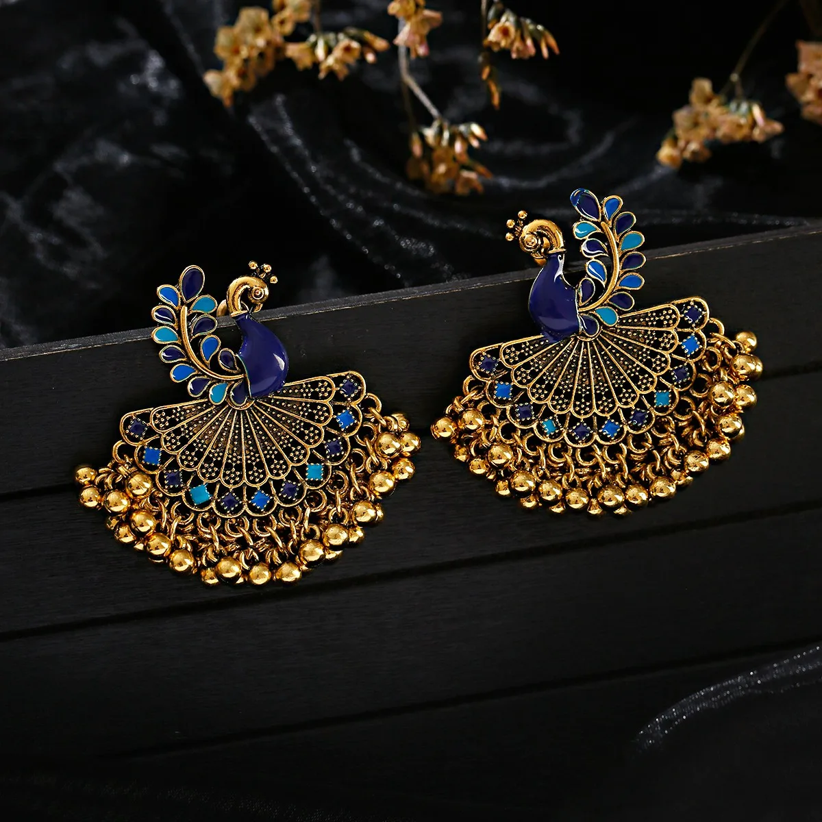 Ethnic Vintage Women\'s Blue Peacock Earrings Alloy Bollywood Oxidized Gold Color Beads Tassel Jhumka Dangle Earrings