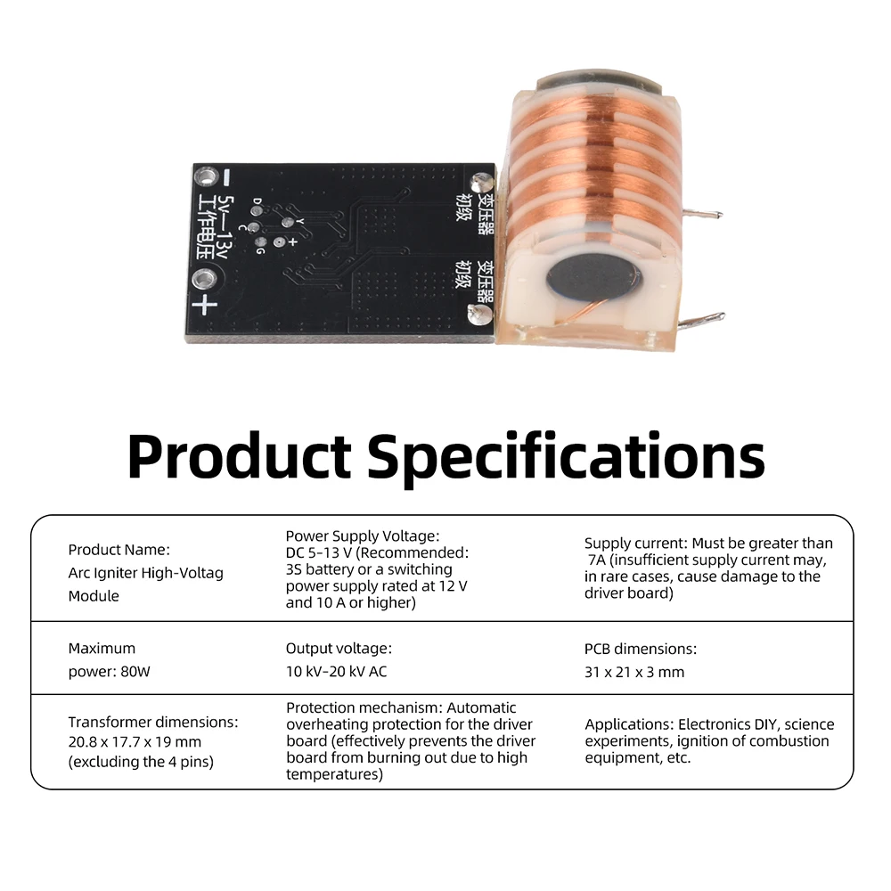 80W 20KV AC-Generatormodul mit Lichtbogenzünder und Überhitzungsschutz für DIY-Elektronik und wissenschaftliche Experimente – Detail 9