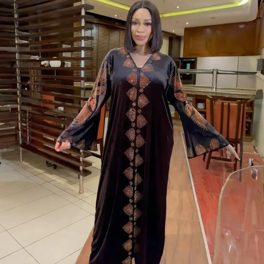 

Nigeria South America Africa Dress Fashion Gold Velvet Hot Diamond V-neck Trumpet Sleeve Robe