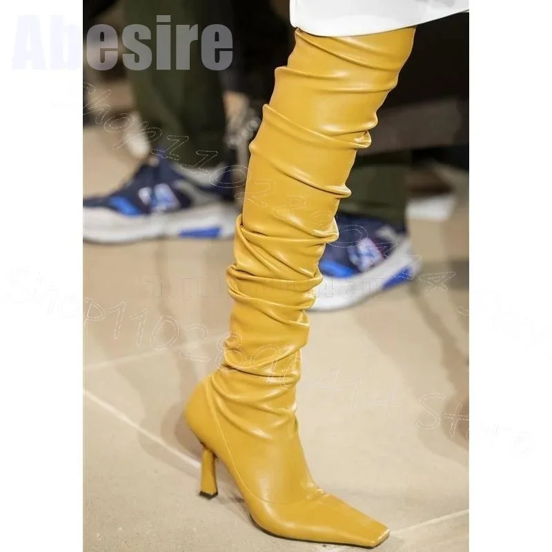 

Yellow Pleated Design Square Toe Runway Boots Slip On Women Shoes Thin High Heels Party Banquet Dating 2025 Zapatos Para Mujere
