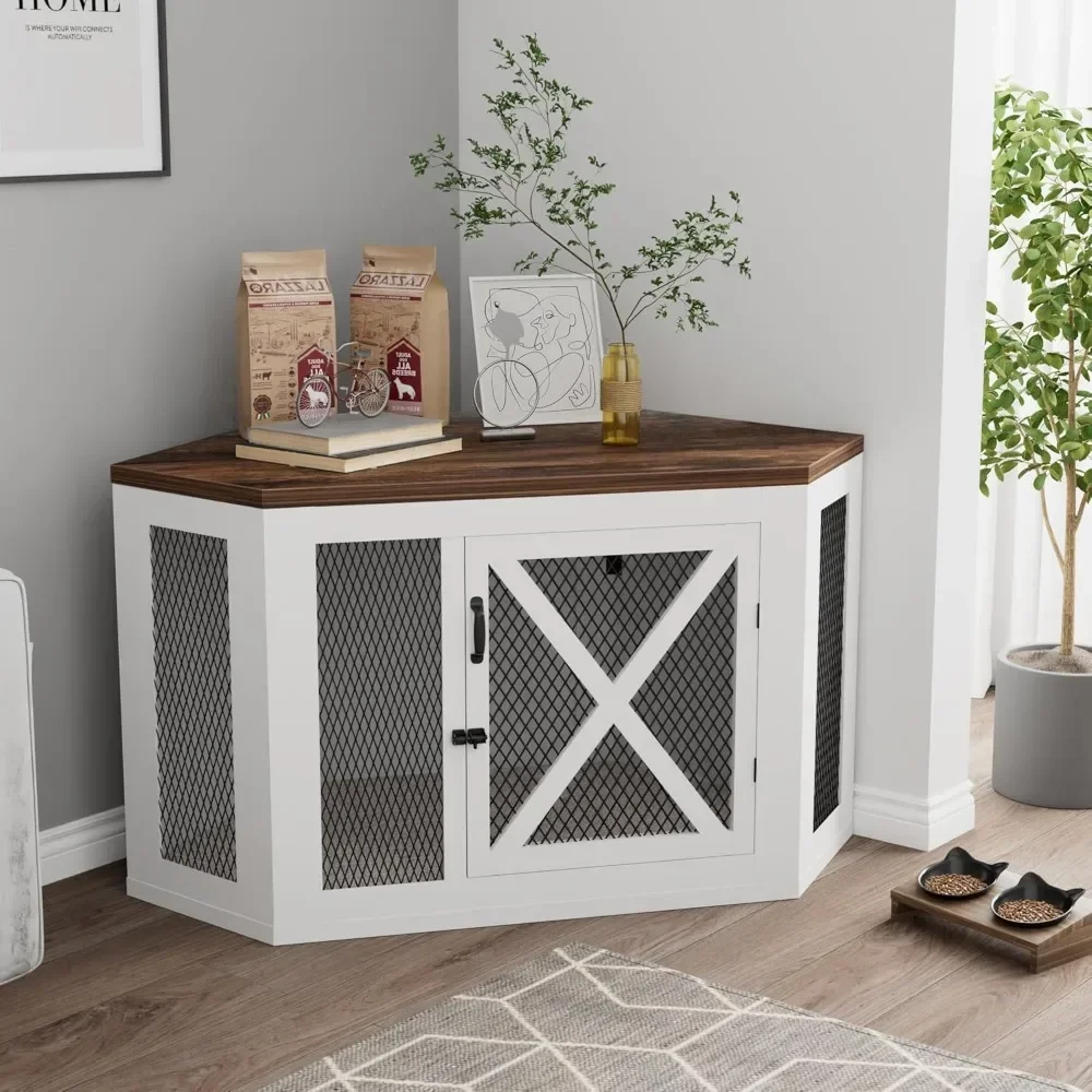 Corner Dog Crate, Wooden Kennel End Table, Mesh Panel Design, Compact Cage For Small To Large Dogs