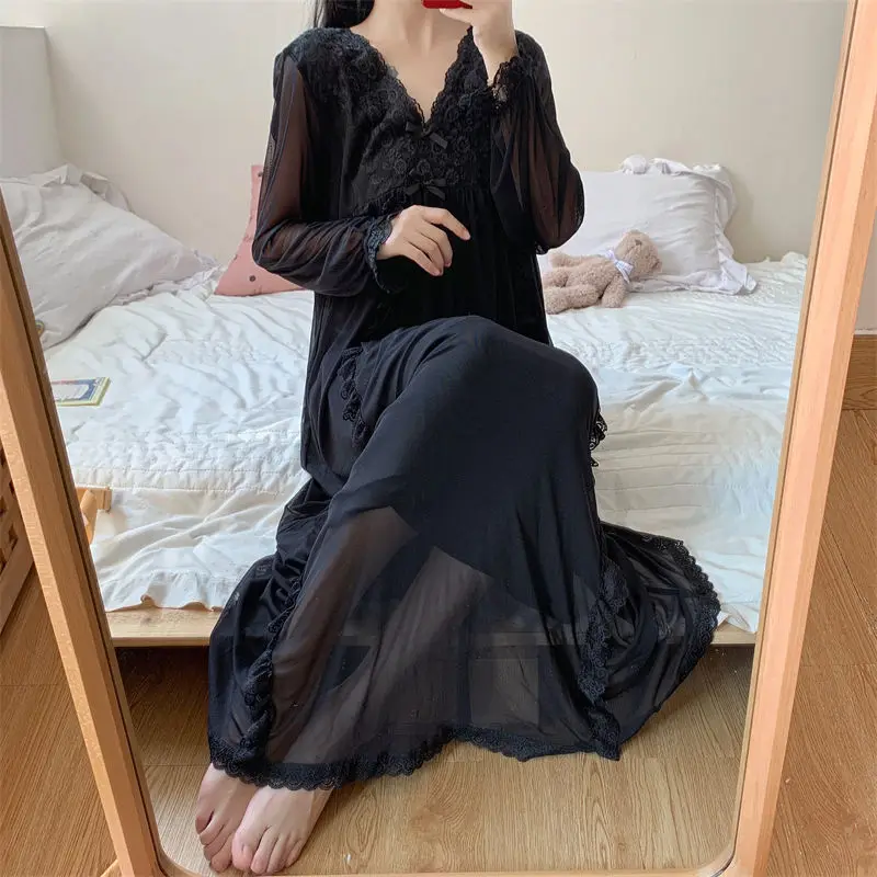 Black Mesh Spring Nightgown Women V-Neck Lace Crochet Long Night Dress Loose Casual Homewear Transparent Vintage Elegant Sexy