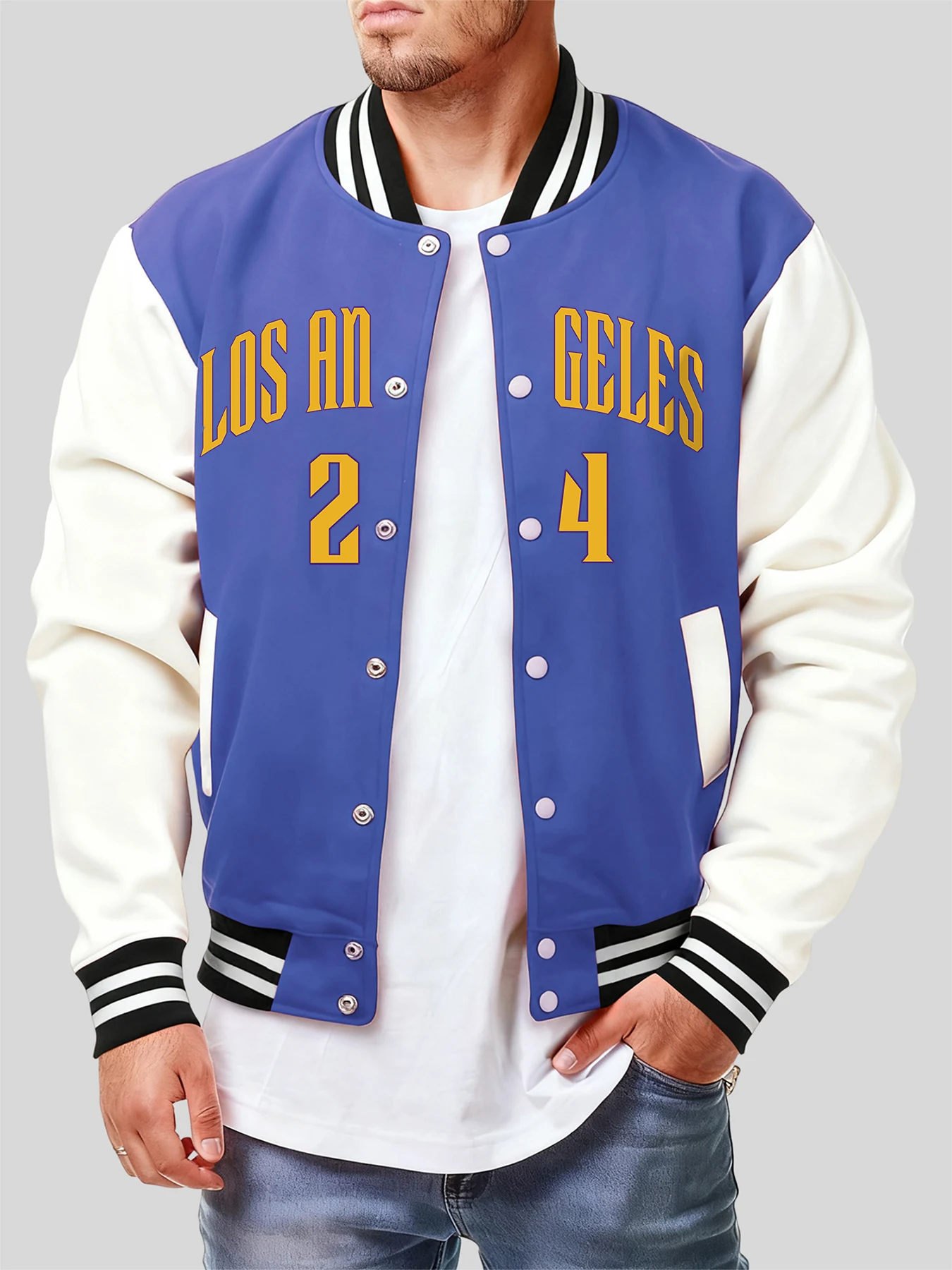 

Los Angeles Number 24 Print Baseball Jackets Men Autumn Warm Y2K Menswear Fleece Pullover Fashion Clothes Pocket Loose Coat