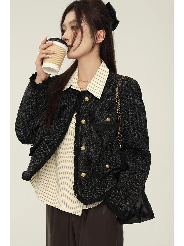 

Yellow Ruffle Hem ort Jaet Women's round Ne Slim Fit Faion Autumn Wear Yang Bubble Fraance Sle Button Closure Coat