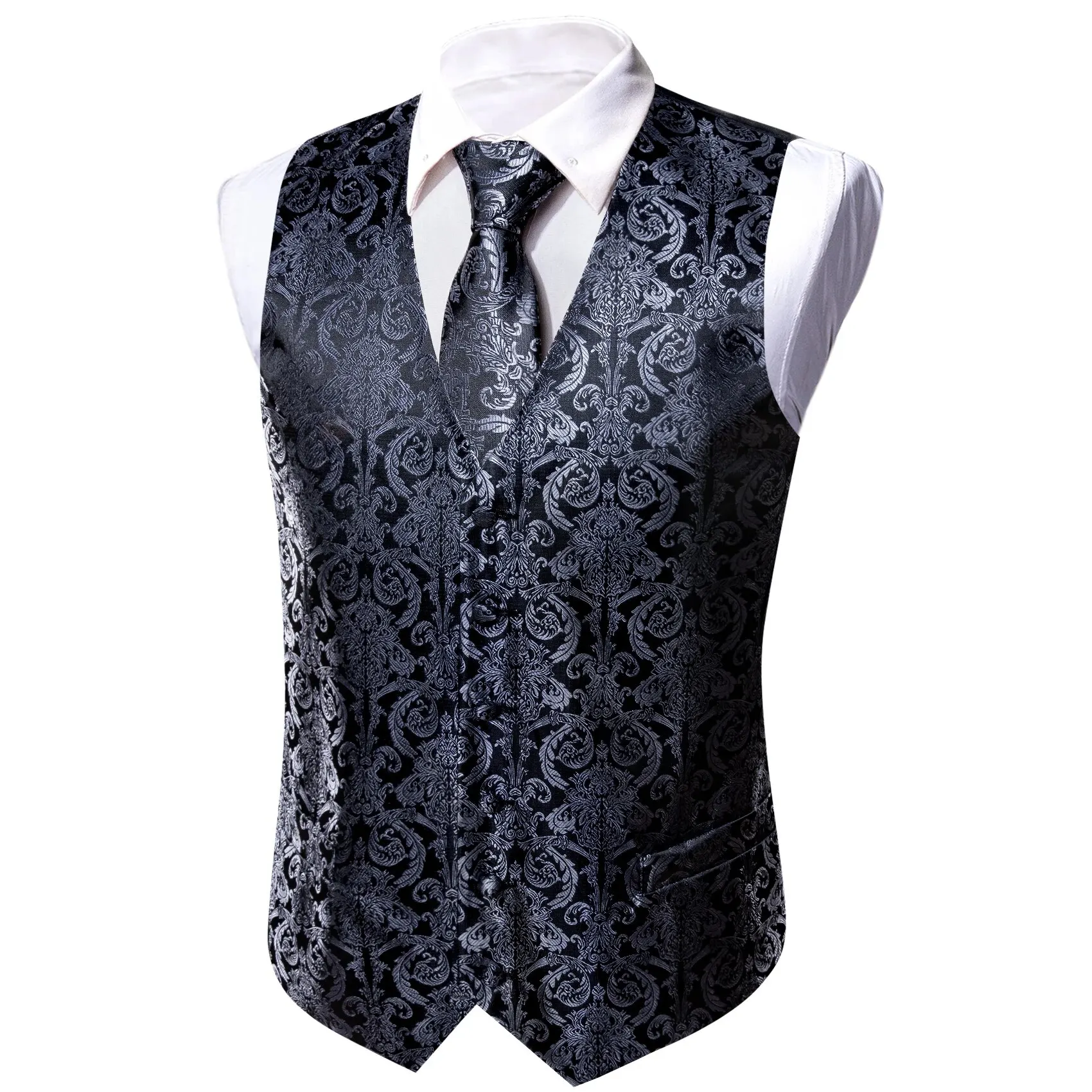 Barry.Wang Men\'s Suit Vest Gray Jacquard Floral Waistcoat Tie Pocket Square Cufflinks Set for Male Formal Casual Business Party