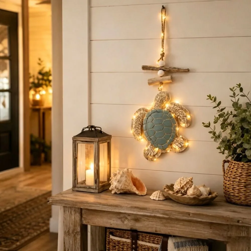 Wooden Resin Sea Turtle Hanging Decor Rustic Lighted Wooden Turtle Pendant Vintage Driftwood Beach Theme Home Decoration