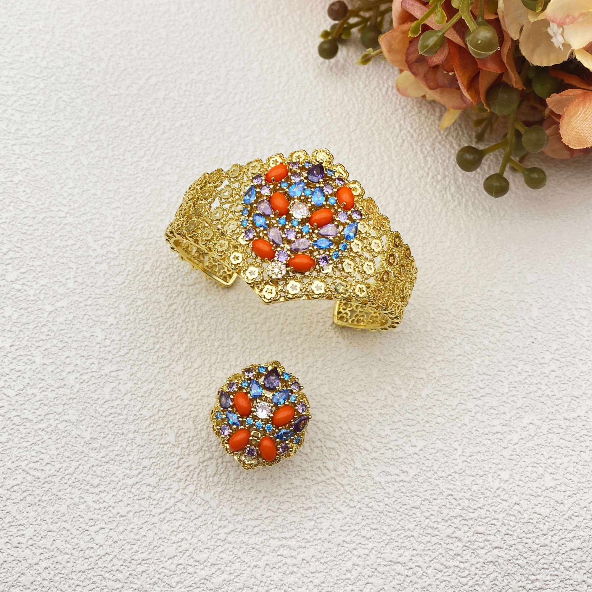 

Flora комплект из 2 предметов с кубическим цирконием, кольцо-браслет, штабелируемый браслет, кольцо, позолоченные свадебные украшения, минималистичный подарок для нее