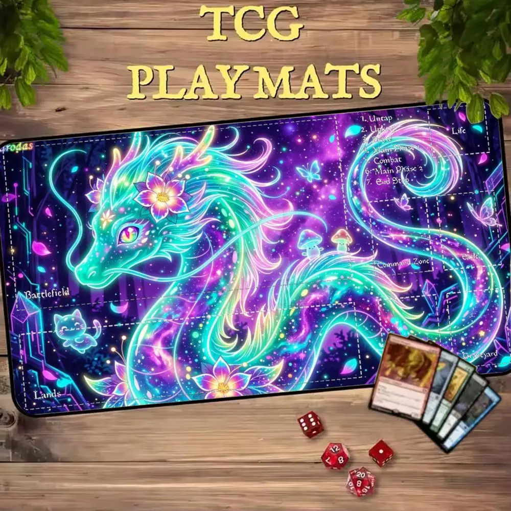Cosmic Neon Nine-Tailed Fox Floral Spirit Dragon TCG Playmat 35X60CM MTG Battle Mat Non-Slip Stitched Edge Large Table Pad