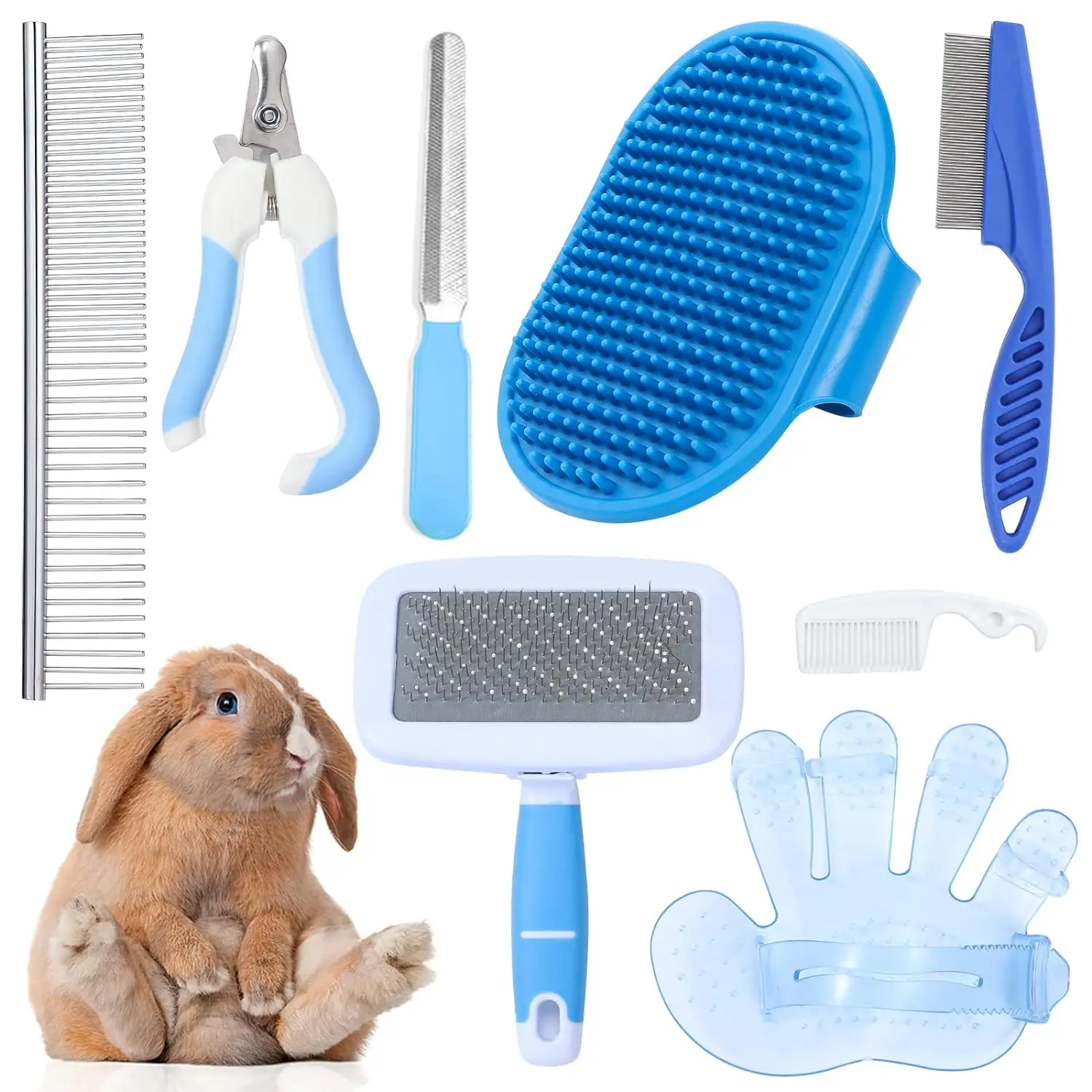 8pcs/set Rabbit Grooming Kit Rabbit Brush for Shedding with Bunny Nail Clipper and Pet Combs Bath Massage Glove Brush for Pets