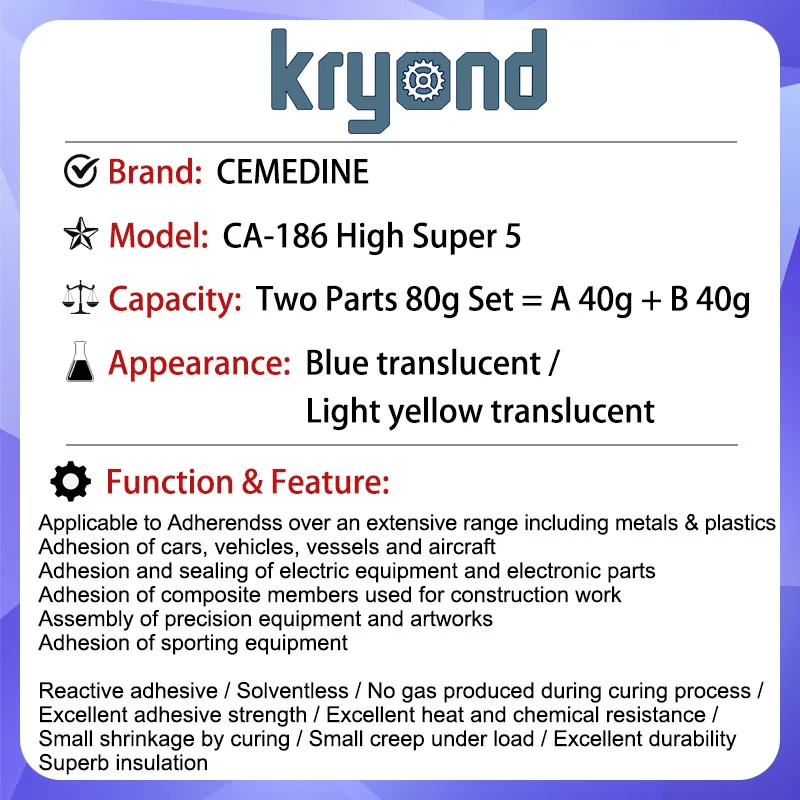 CEMEDINE CA-186 High Super 5 Epoxy Adhesive 80g Set 5 Minutes Working Life High Strength Two Component Part A 40g + B 40g