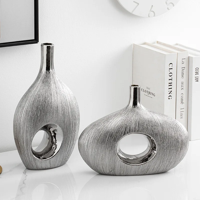 

Brushed Silver Plated Ceramic Vase Desk Decoration Artificial Flower Decorative Flowers Arrangement Vases Room Aesthetic Decor