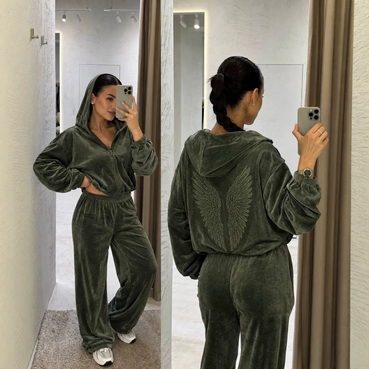 Affordable Women's Autumn & Winter Velvet Hooded Two-Piece Tracksuit, Wing Embroidery On Back Top & Pants, Trendy Outfit