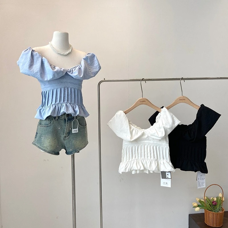

Women Small Fresh Back Elastic Tank Top Solid Fashion High-end Puff Sleeves Pleated Retract Waist Blouse Crop Tops