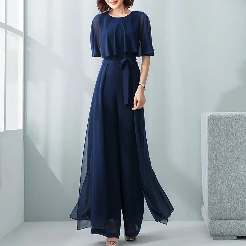 Lotusblatt-Ärmel-Overall für Damen, Sommer, lang, 2023, neuer Chiffon-Overall, breites Bein, Set, Temperament-Overall, weiblicher Body, Blau