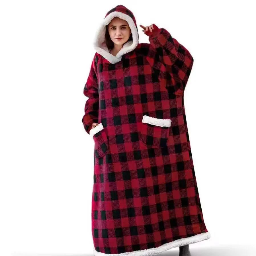 Winter Hooded Wearable TV Blanket, Oversized Pullover Fleece Sweatshirt Robe with Extended Pocket, Thickened Plush Warm Loungewe