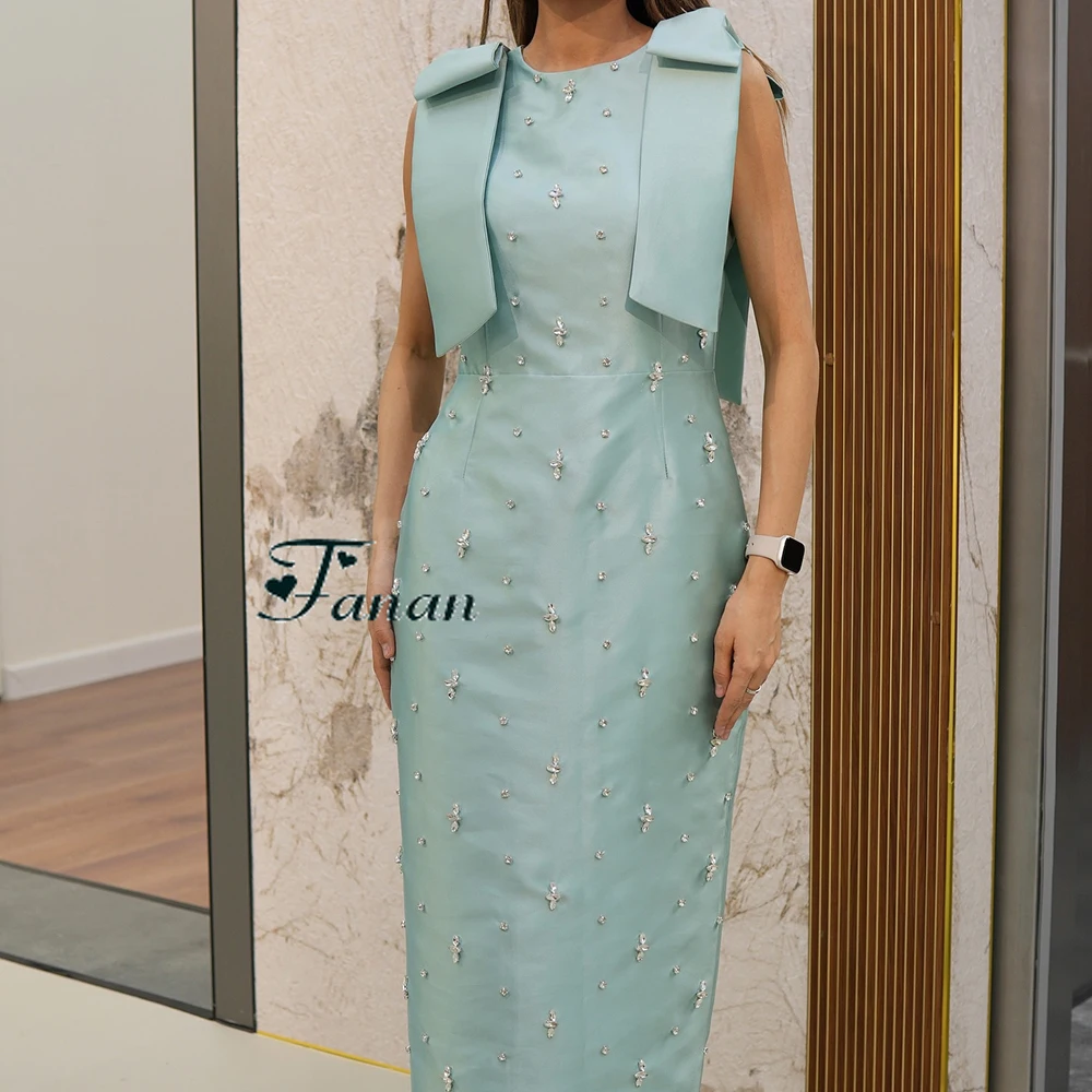 Vestido de noite de cetim reto, personalizado, gola redonda, com cristal, sem mangas, cor pura, laço grande, comprimento do tornozelo, vestido de baile