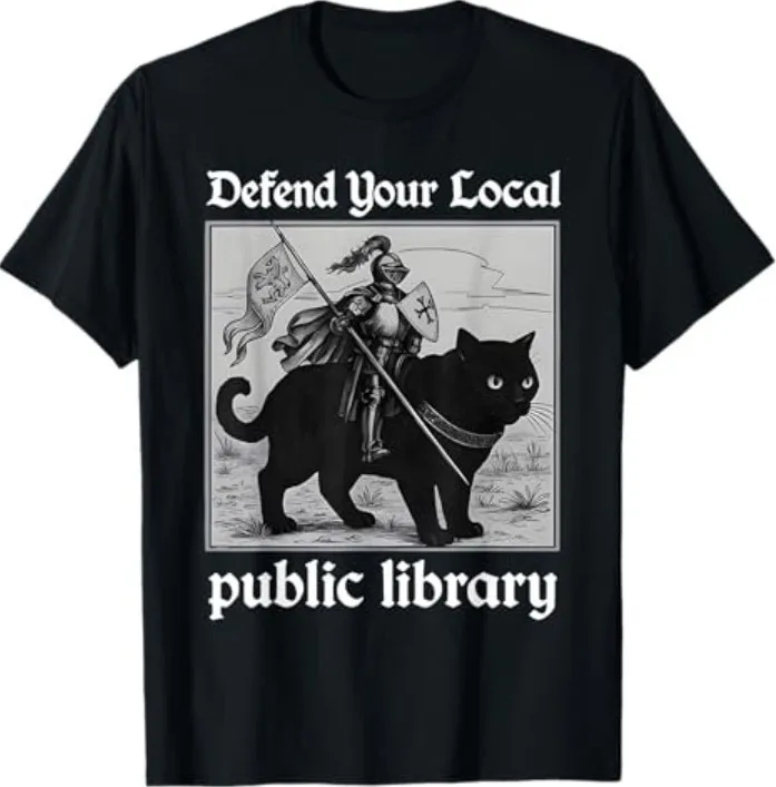 Defend Your Local Public Library Funny Knight Cat T-Shirt