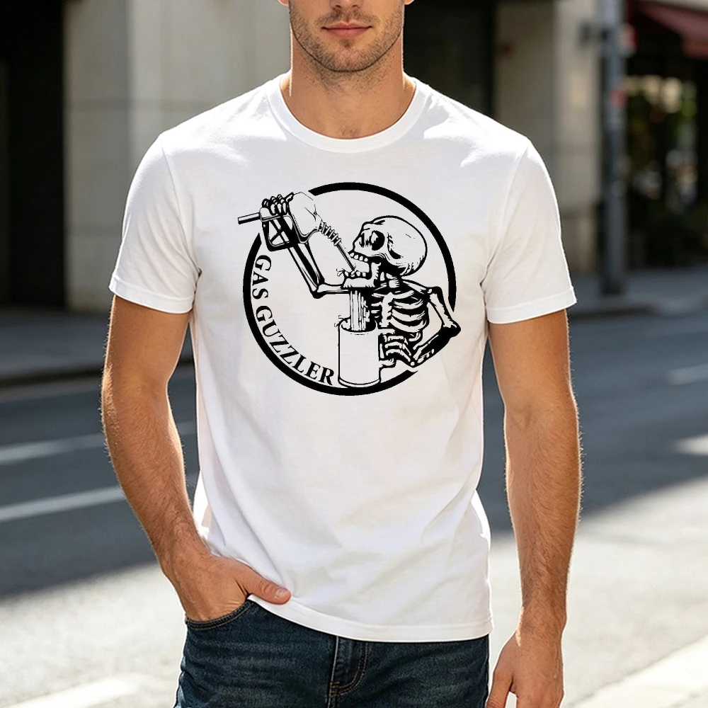 Circular Skull Fuel Pump Humor Print Tee Car Guy Casual Automotive Hobbyist Men Skeleton Gas Guzzler Graphic T Shirt