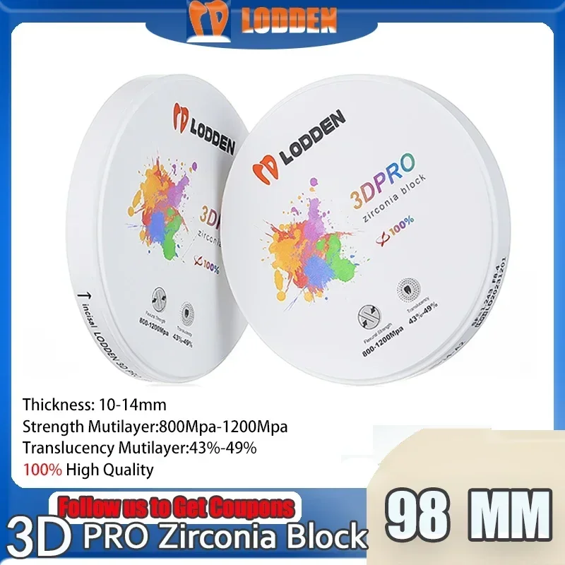 LODDEN Dental Material 3D Pro Zirconia Multilayer Block 98mm Przezroczystość 43-49% Wytrzymałość 800-1200Mpa CAD CAM Lab Zirconia Disc