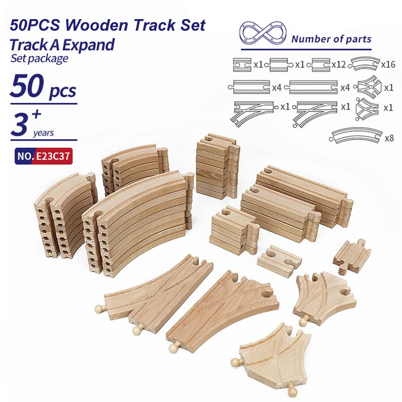 50PCS Wooden Railway Tracks Set Beech Wooden Train Tracks fit for All Brand Wood Tracks Educational Toys for Children