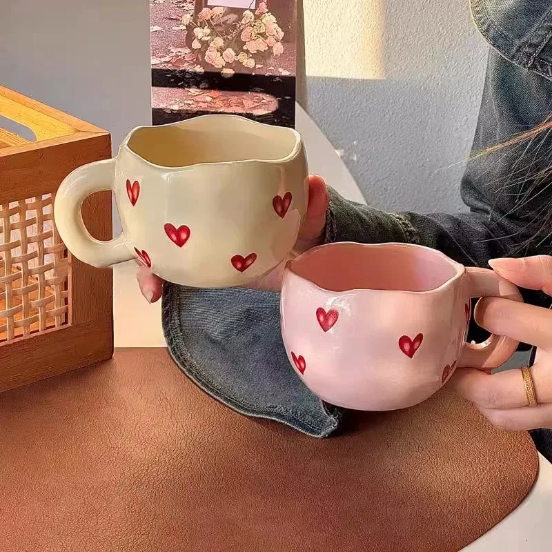 Minimalist Luxury Red Heart Ceramic Mug with Handle Creative High‑Appearance Coffee Milk Drinking Cup for Home Daily Use