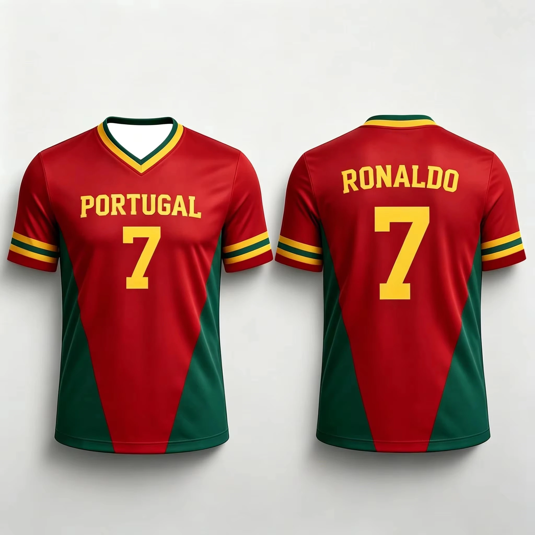 Adult Kids Portugal Soccer Jersey Red Green Colorblock V Neck Short Sleeve Football Shirt Quick Dry Breathable Fabric for Match